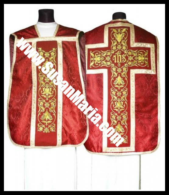 Embroidered Roman Vestments in Deep Red Shade Church Fabric